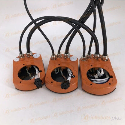 ABB IRB2400 robot body cable components. Orange housings with black cables and connectors. inRobots