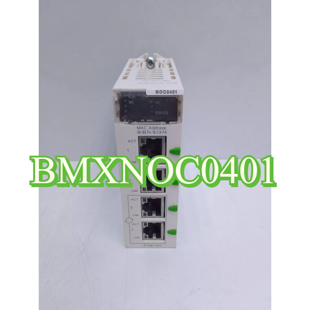 Schneider Electric BMXNOC0401 Ethernet Module. Features multiple Ethernet ports, LED indicators and the product name.