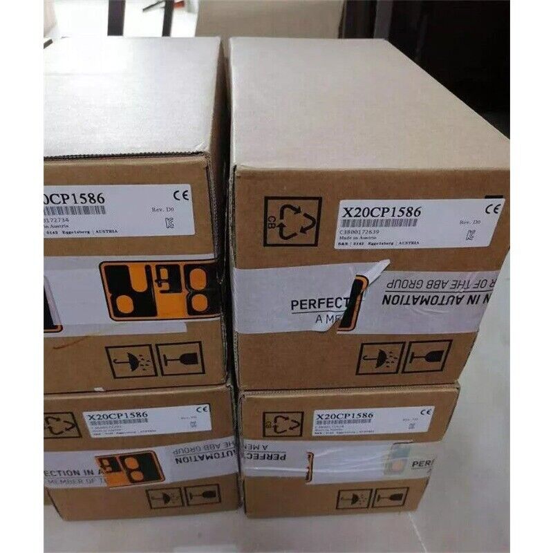 B&R X20CP1586 PLC modules stacked in boxes, new and ready for express shipping.