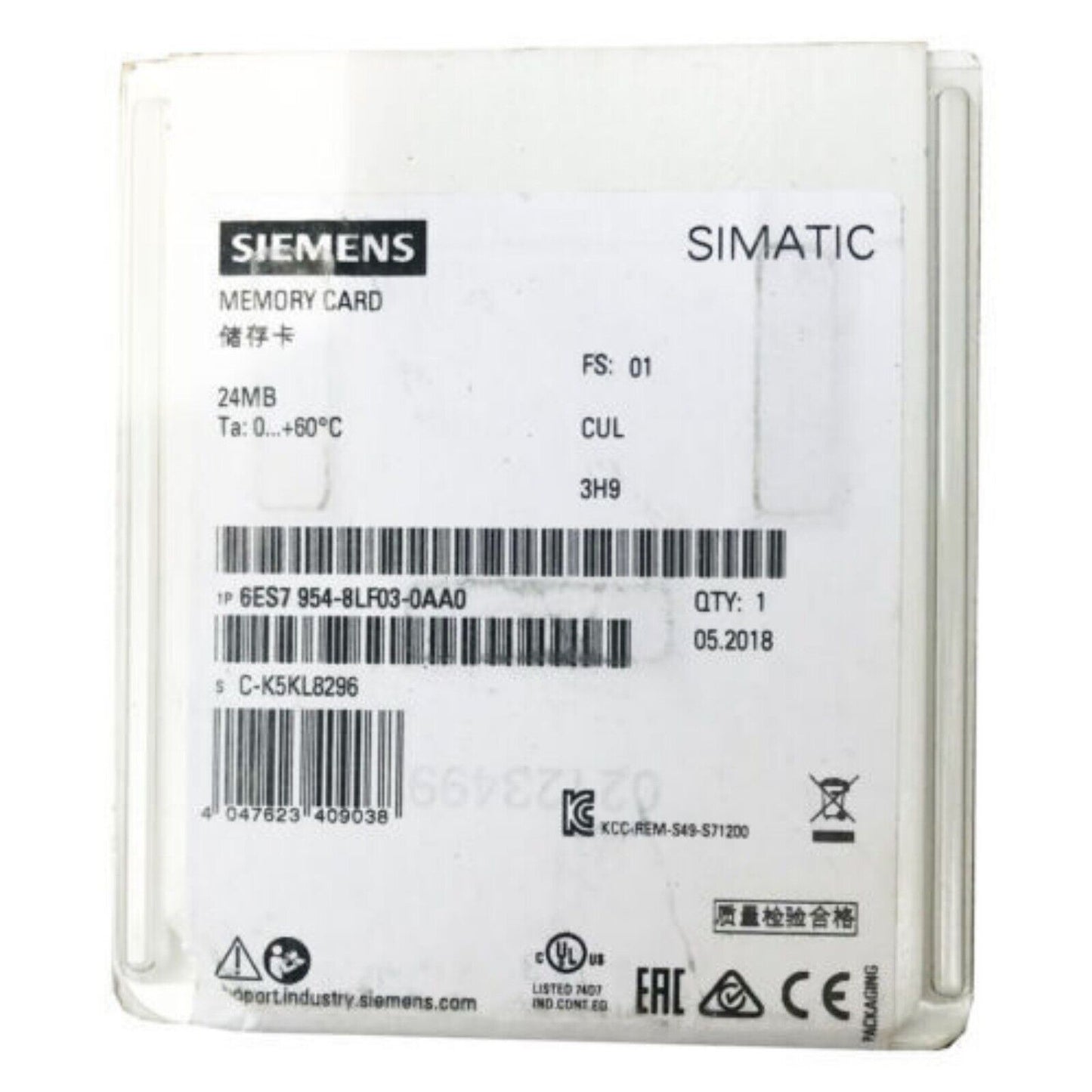 Siemens SIMATIC 24MB Memory Card 6ES7 954-8LF03-0AA0 for S7-300/400/1200/1500 PLC. Essential for program and data storage.