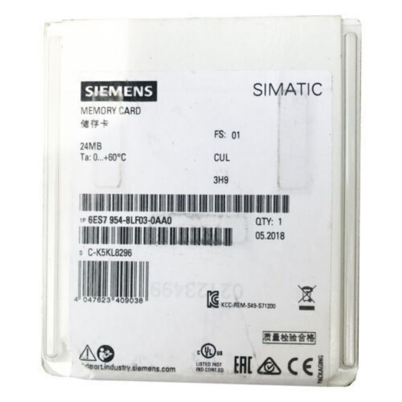 Siemens SIMATIC 24MB Memory Card 6ES7 954-8LF03-0AA0 for S7-300/400/1200/1500 PLC. Essential for program and data storage.