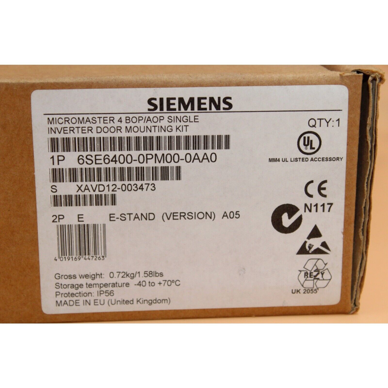 Siemens 6SE6400-0PM00-0AA0 door mounting kit box for Micromaster 4, industrial automation parts.