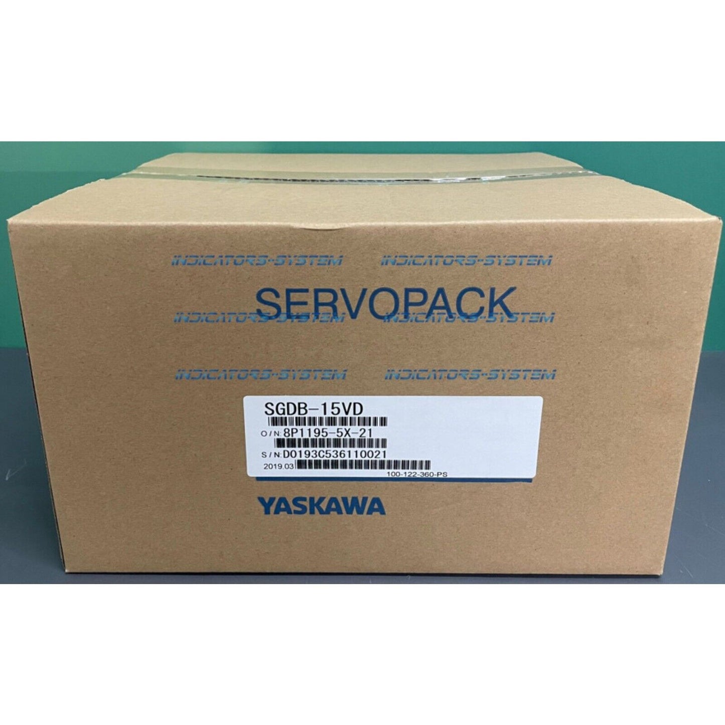 Yaskawa SGDB-15VD Servo Drive box. Brown cardboard box with product information label. SERVOPACK logo is visible.