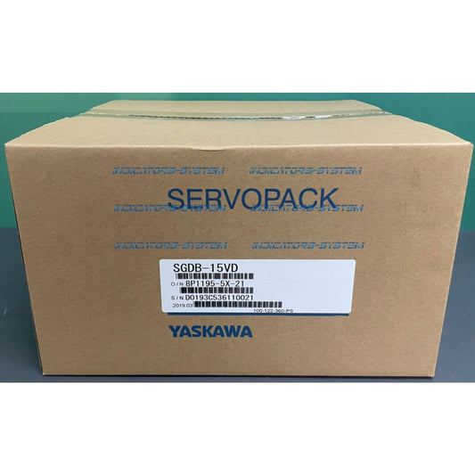Yaskawa SGDB-15VD Servo Drive box. Brown cardboard box with product information label. SERVOPACK logo is visible.