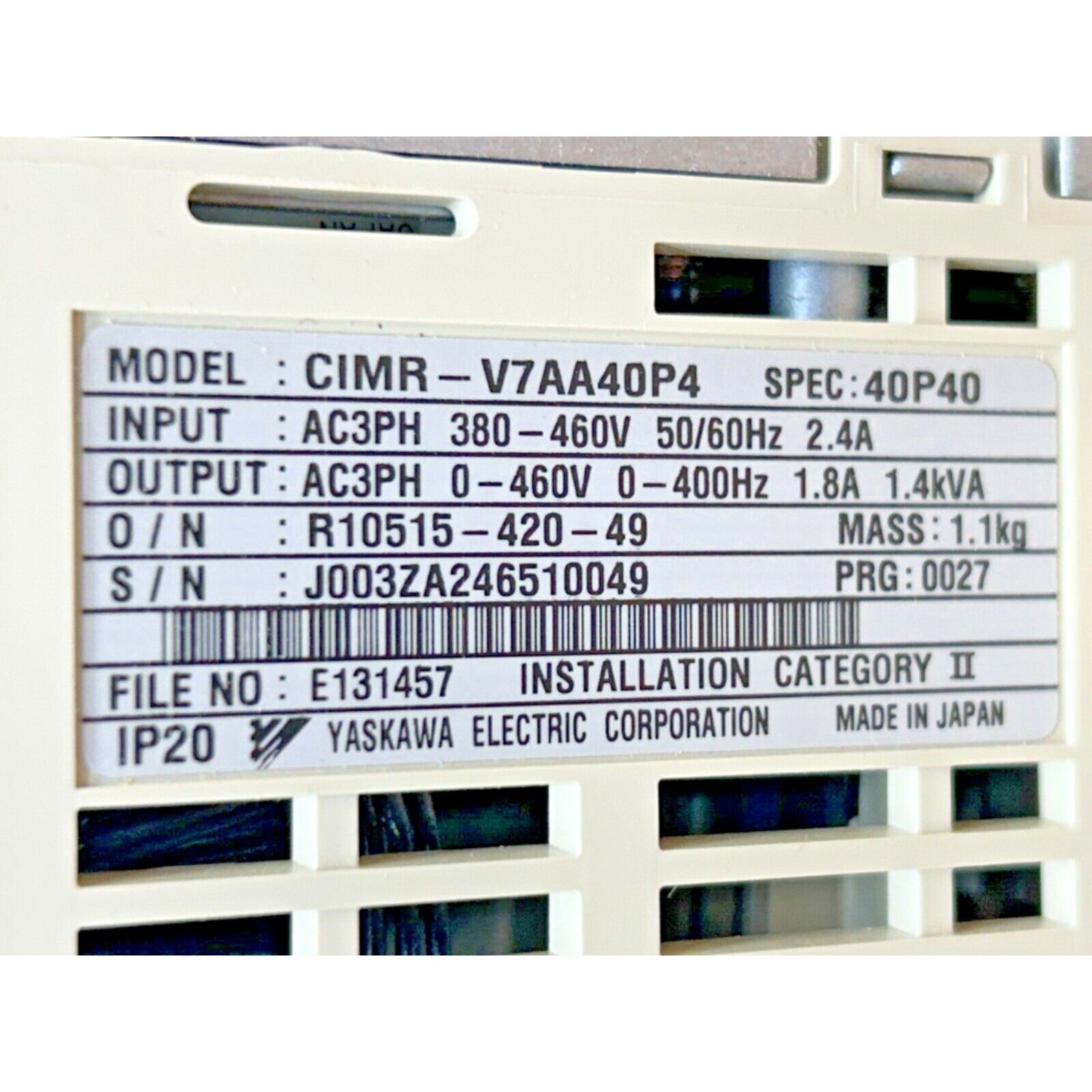 YASKAWA CIMR-V7AA40P4 inverter product label, 400V 3-Phase, Made in Japan.