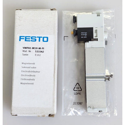Festo VMPA1-M1H-M-PI Air Solenoid Valve. Product includes the solenoid valve, packaging, and product details