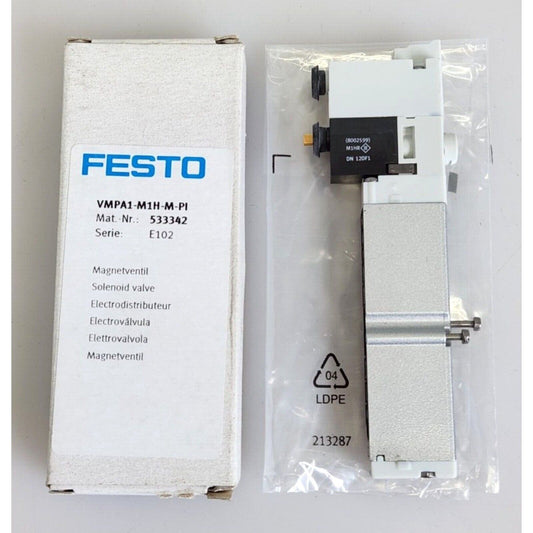 Festo VMPA1-M1H-M-PI Air Solenoid Valve. Product includes the solenoid valve, packaging, and product details