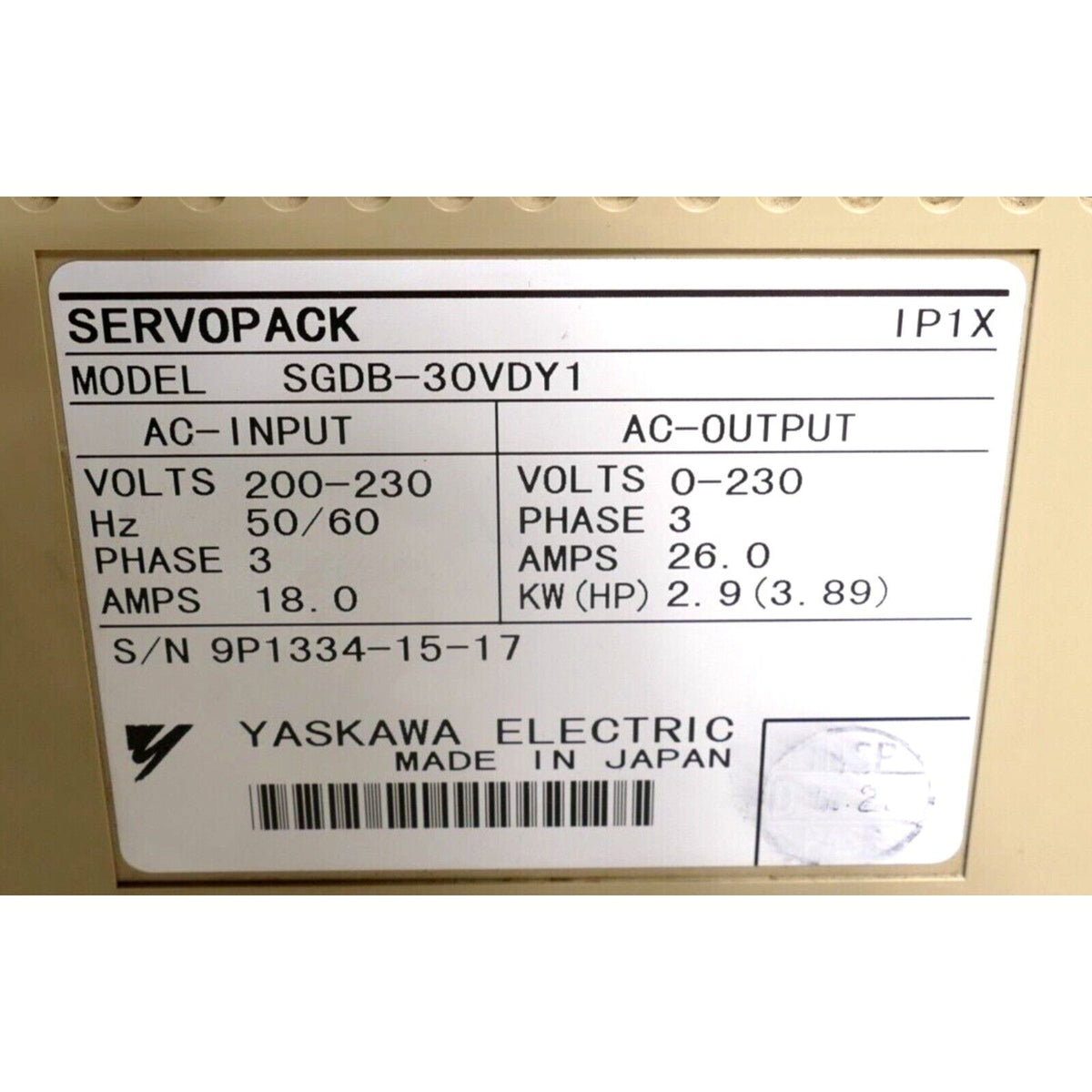 Yaskawa Electric SGDB-30VDY1 Servopack, industrial automation part, beige casing with specifications, Made in Japan.