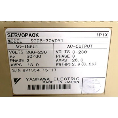 Yaskawa Electric SGDB-30VDY1 Servopack, industrial automation part, beige casing with specifications, Made in Japan.