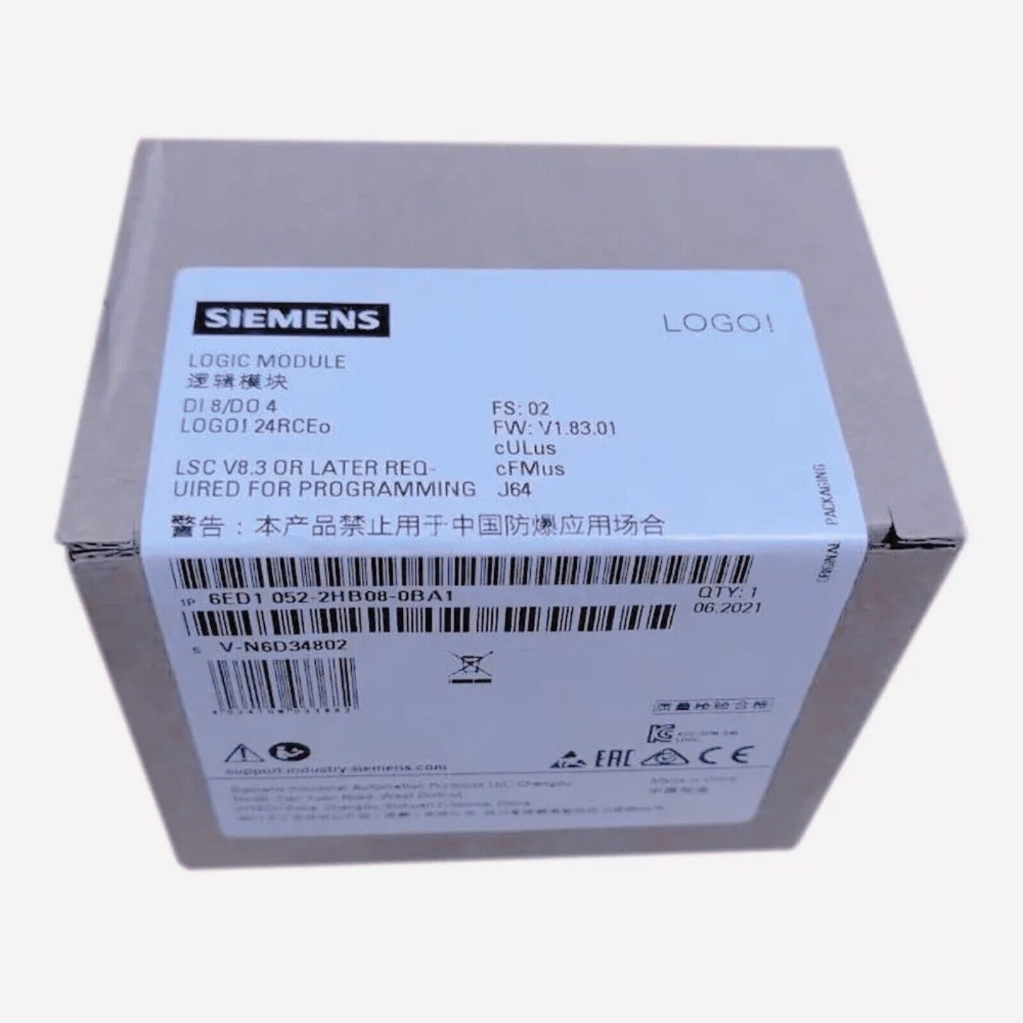 Siemens LOGO! 24RCEO logic module packaging, part number 6ED1052-2HB08-0BA1, industrial PLC component