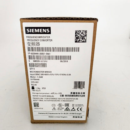 Siemens MICROMASTER 440 frequency converter box, model 6SE6440-2UD21-5AA1, industrial automation part.