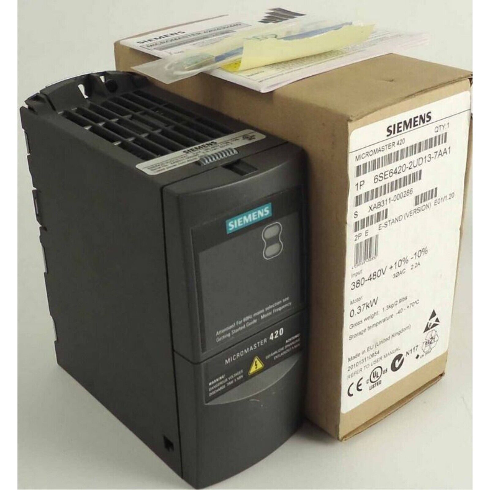 Siemens MICROMASTER 420 frequency inverter, model 6SE6420-2UD13-7AA1, industrial automation equipment, black, in box.