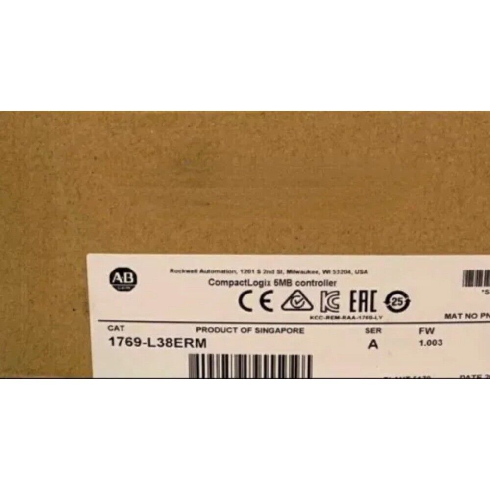 Allen-Bradley 1769-L38ERM CompactLogix 5MB controller product label, featuring AB logo and CE marking, factory sealed surplus