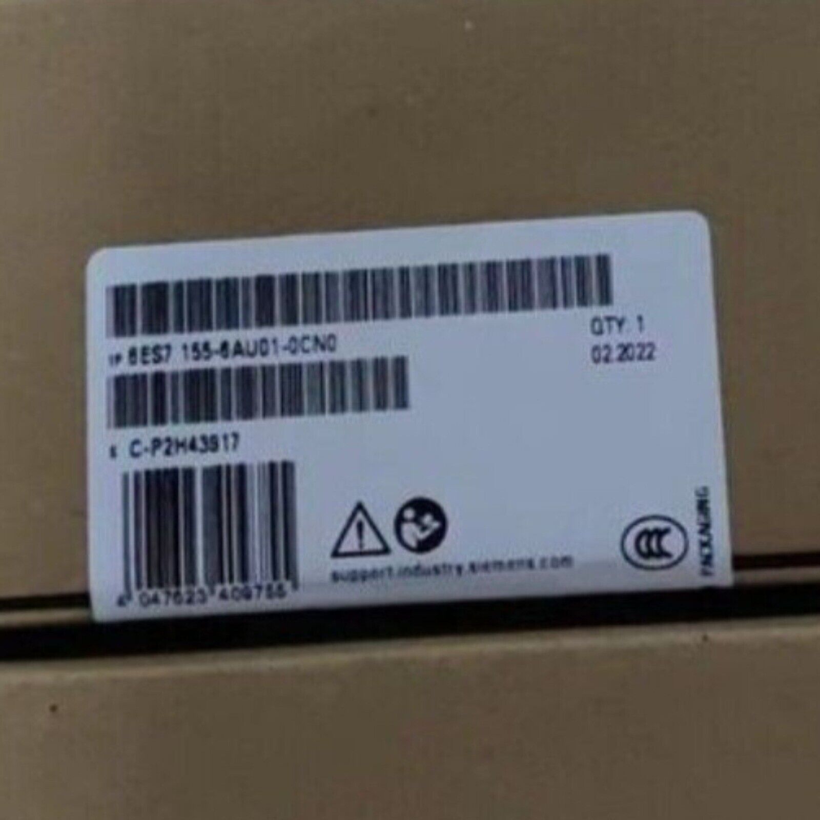 Siemens 6ES7 155-6AU01-0CN0 product label, industrial automation part, QTY 1, manufactured in 02..