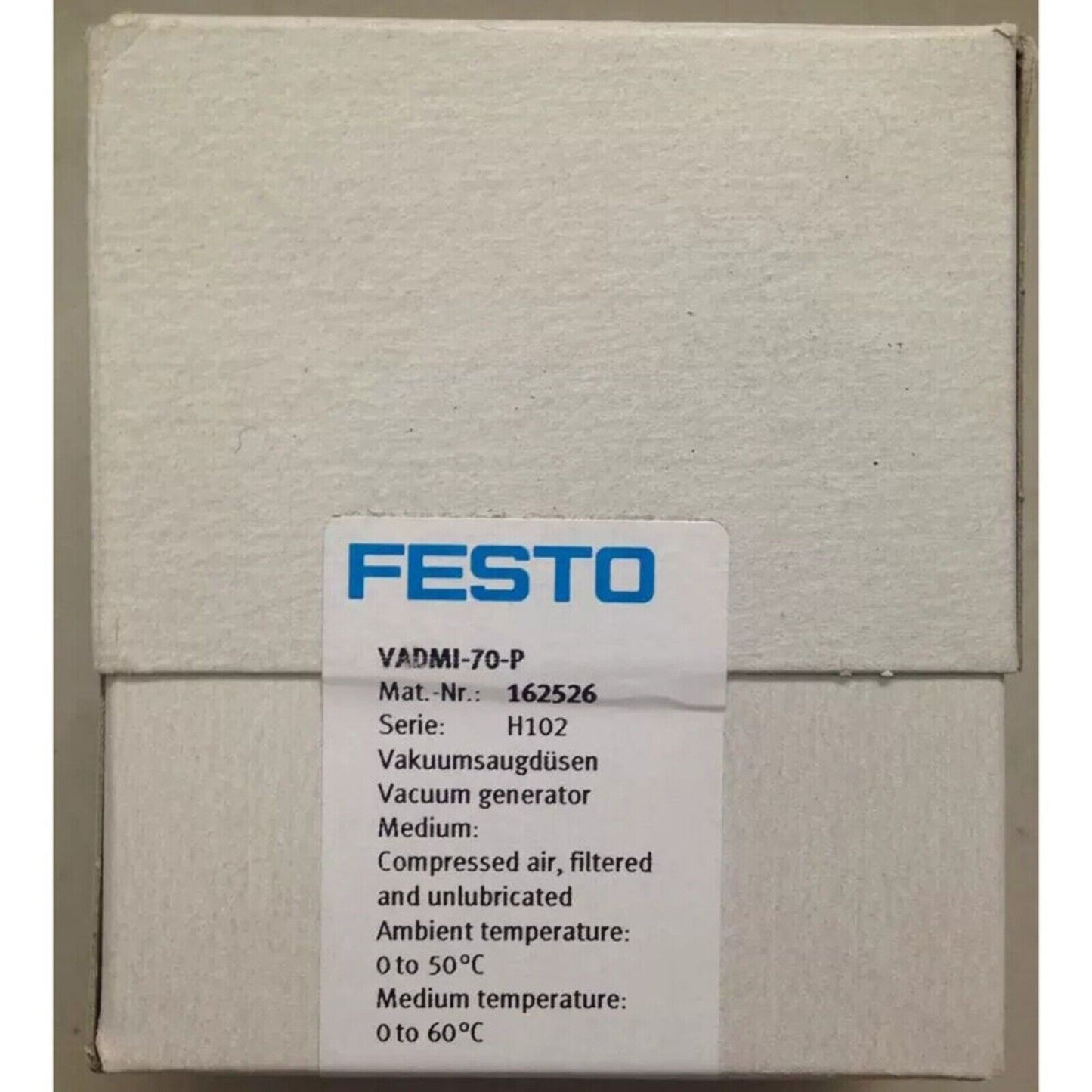 FESTO VADMI-70-P Vacuum Generator in box. Industrial automation part with specifications.