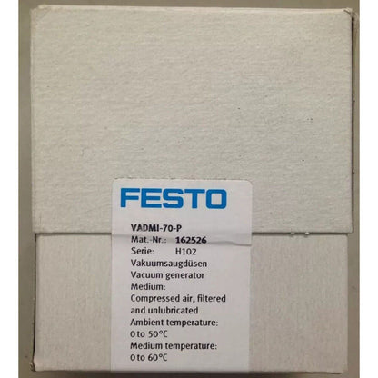 FESTO VADMI-70-P Vacuum Generator in box. Industrial automation part with specifications.