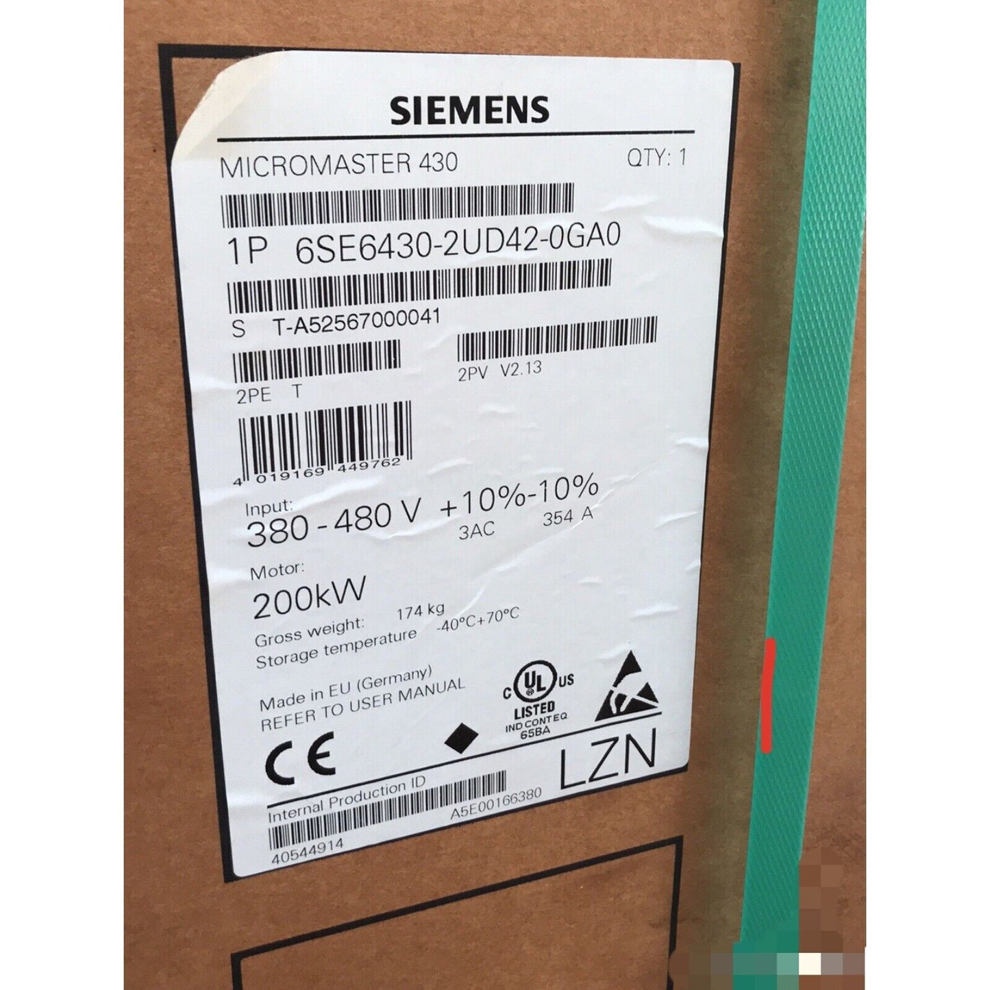 Siemens MICROMASTER 430 industrial automation part label, model 6SE6430-2UD42-0GA0, 200kW motor. From Radwell International.