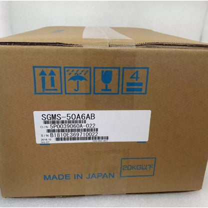 Yaskawa SGMS-50A6AB Servo Motor in cardboard box, Made in Japan, industrial automation part.