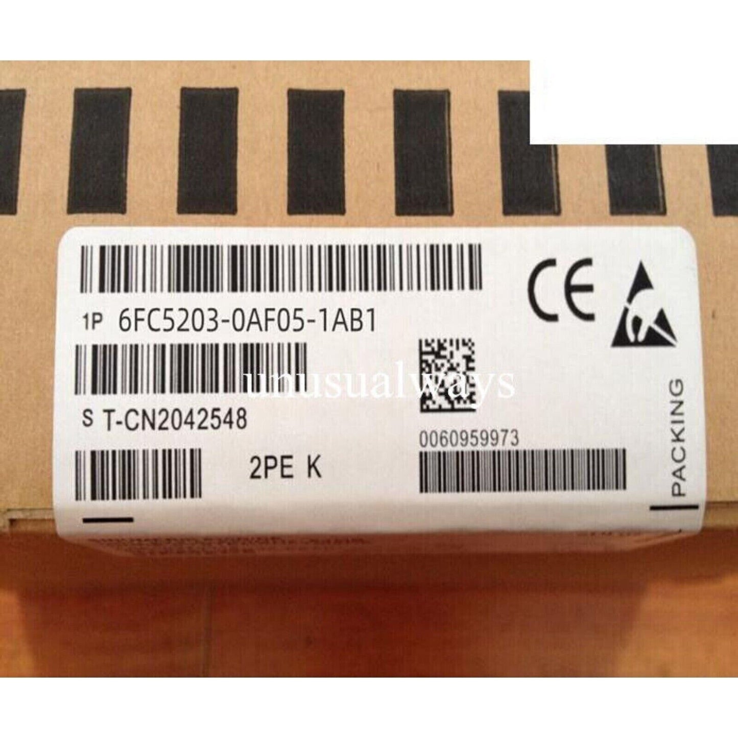 Siemens 6FC5203-0AF05-1AB1 industrial automation part label with barcodes, CE mark, and packing detail.