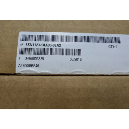 SINAMICS S120 drive power module label. Model 6SN1123-1AA00-0EA2, QTY: 1, manufactured 06/2016, for industrial automation.