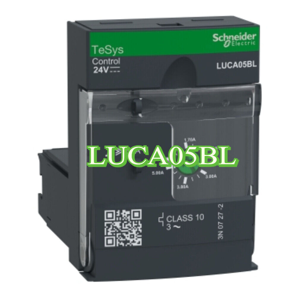 Schneider Electric LUCA05BL motor protector, a TeSys U control unit with adjustable current range, 24V DC.