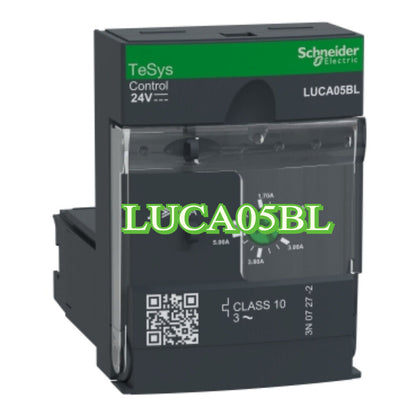 Schneider Electric LUCA05BL motor protector, a TeSys U control unit with adjustable current range, 24V DC.