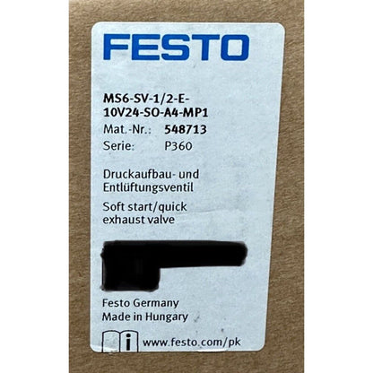 Festo MS6-SV-1/2-E-10v24-SO-A4-MP1 Soft start exhaust valve label, Germany, Hungary.