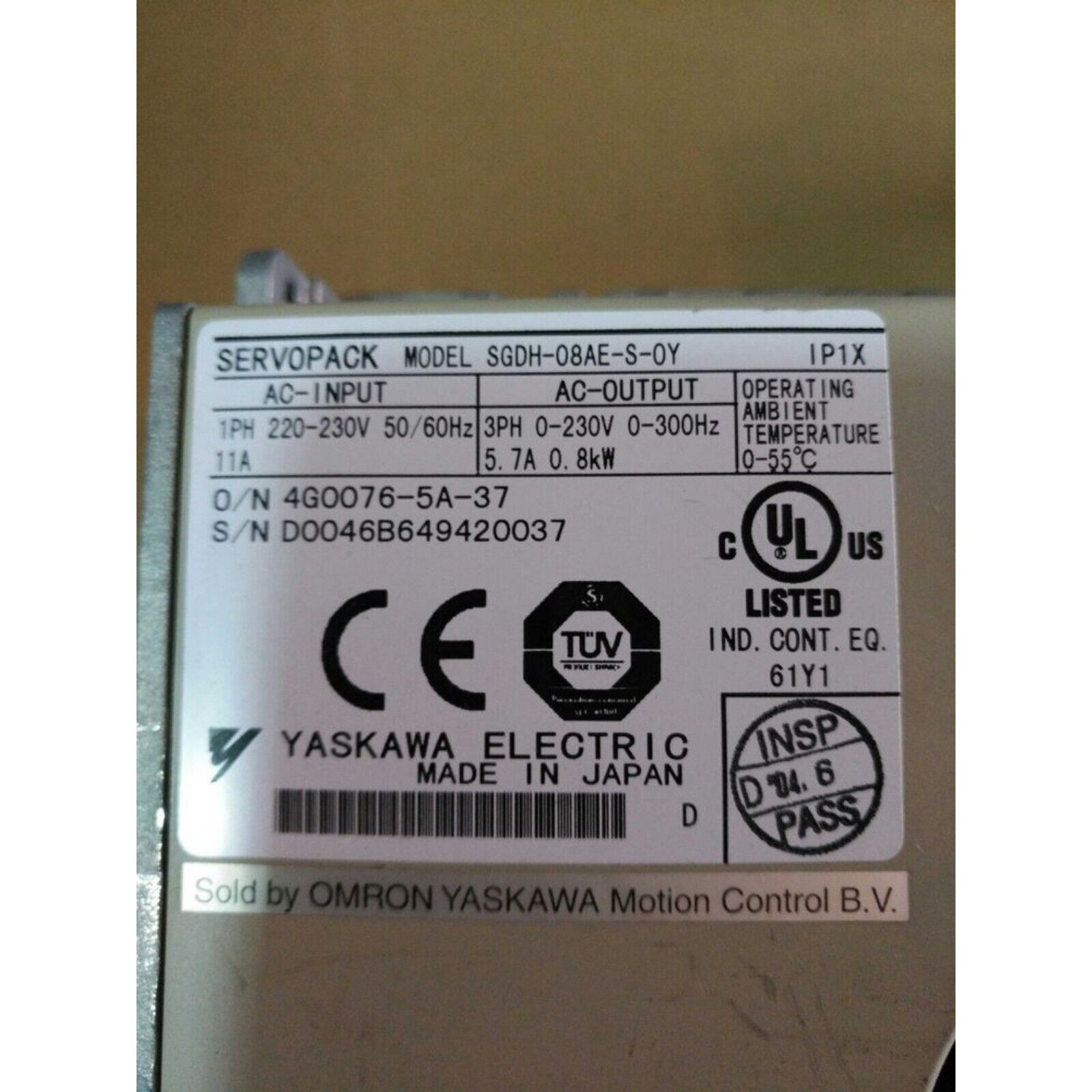 Yaskawa SGDH-08AE-S-OY AC Servo Drive label with product information, industrial automation component.