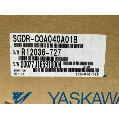 YASKAWA SGDR-C0A040A01B Servopack Servo Amplifier label on brown cardboard packaging, product details, automation component.