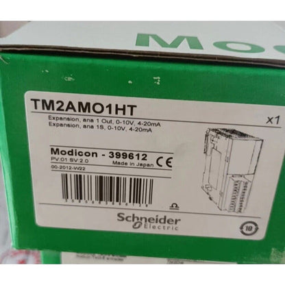 Schneider Electric TM2AMO1HT PLC module, industrial automation part, made in Japan, with specifications on the box
