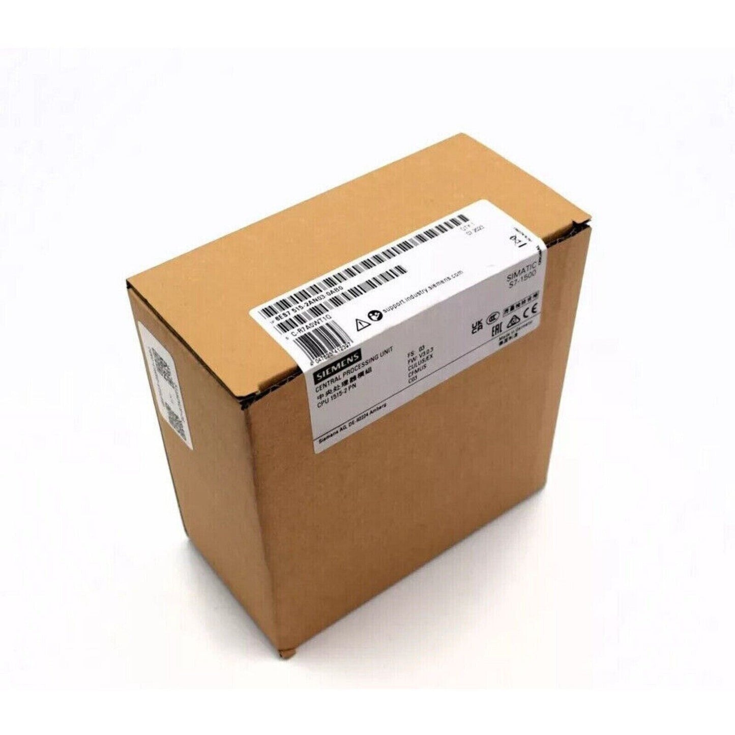 Siemens SIMATIC S7-1500 CPU 1515-2 PN in a cardboard box, industrial automation part.