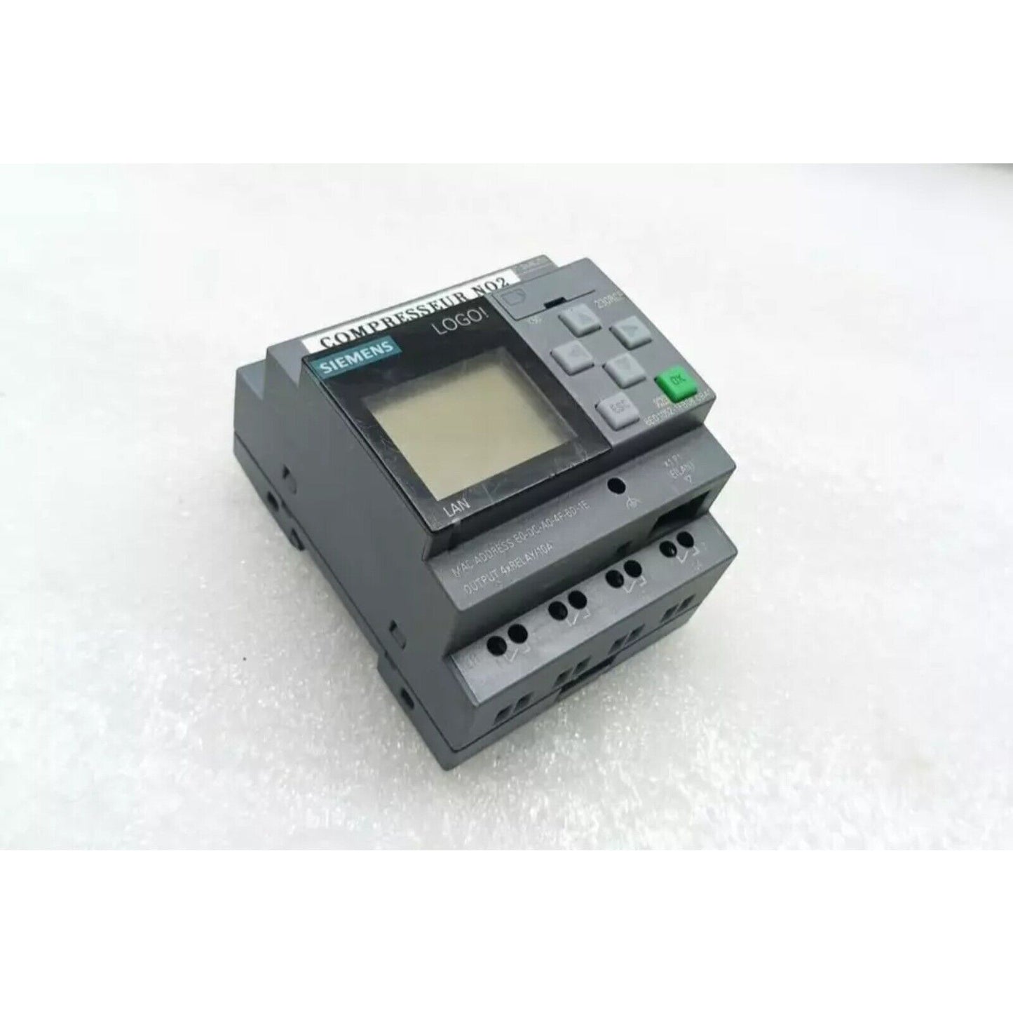 Siemens LOGO! 230RCE logic module, industrial automation part, gray controller, LAN port, COMPRESSEUR NO2 label.