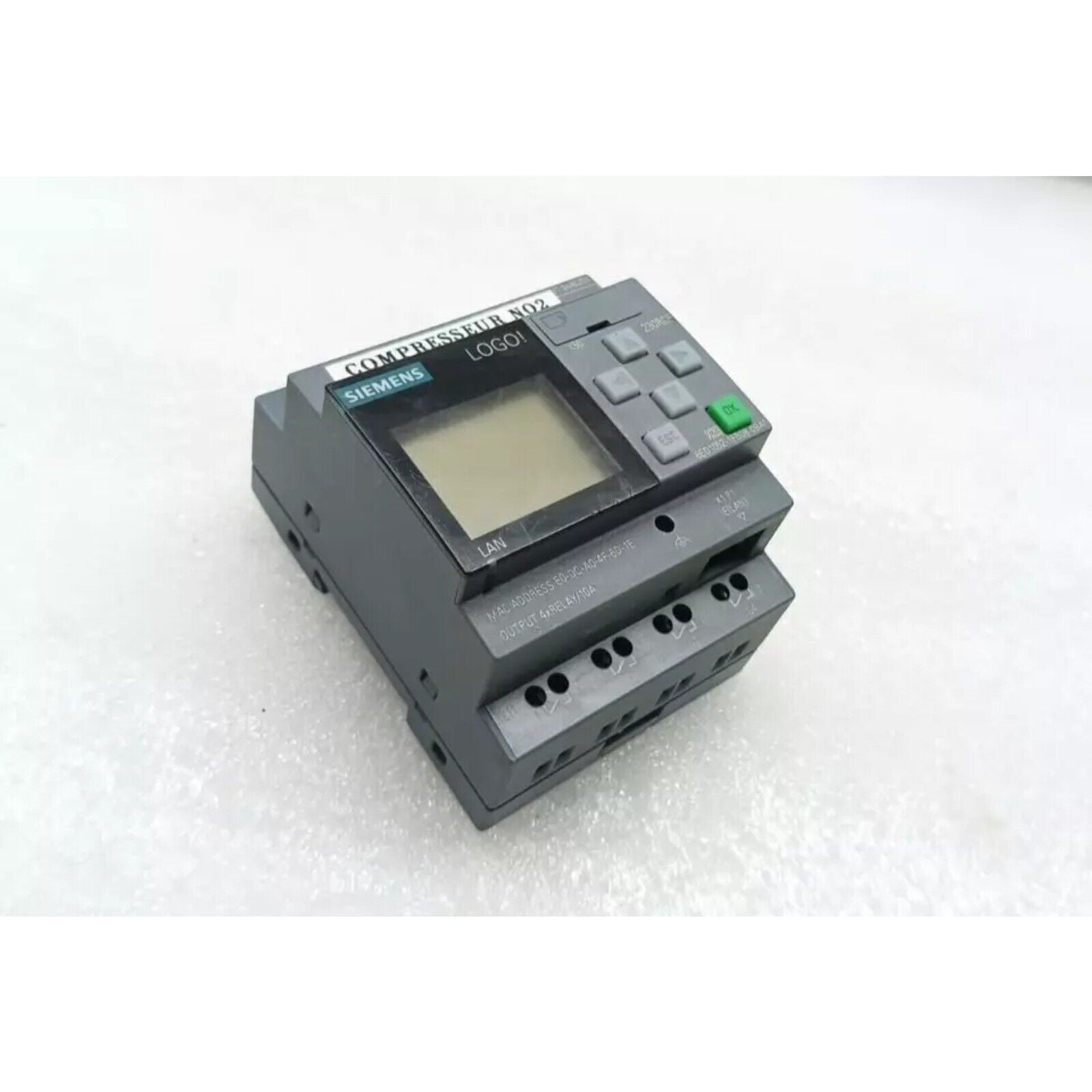 Siemens LOGO! 230RCE logic module, industrial automation part, gray controller, LAN port, COMPRESSEUR NO2 label.