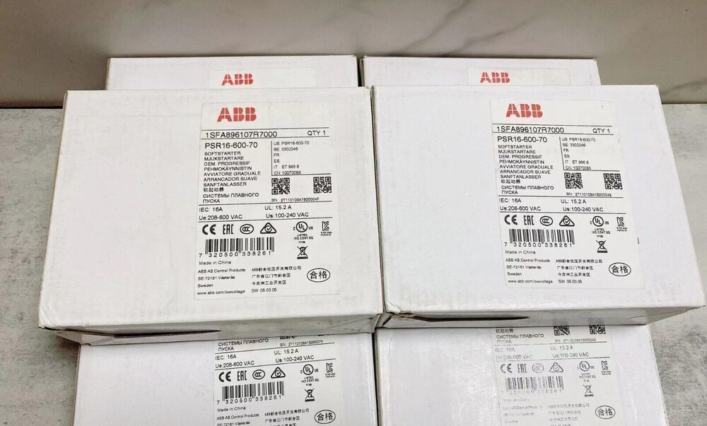 ABB PSR16-600-70 Soft Starter - Multiple Boxes with product information labels, featuring brand and model details.