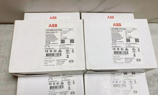ABB PSR16-600-70 Soft Starter - Multiple Boxes with product information labels, featuring brand and model details.