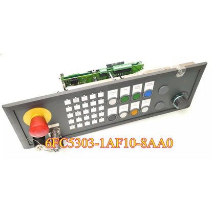 Siemens 6FC5303-1AF10-8AA0 Push Button Panel MPP 483 IEH, grey panel with buttons and knob. Emergency stop button is red.