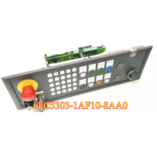 Siemens 6FC5303-1AF10-8AA0 Push Button Panel MPP 483 IEH, grey panel with buttons and knob. Emergency stop button is red.