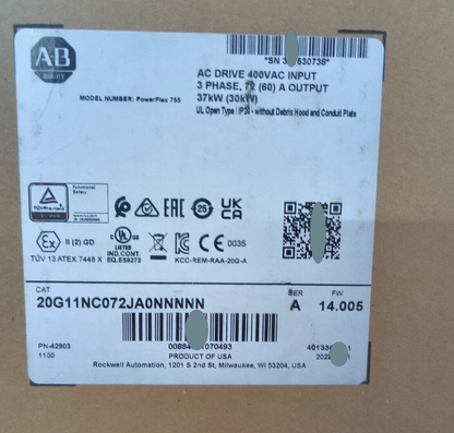 Allen Bradley 20G11NC072JA0NNNNN /A PowerFlex 755 AC Drive 37kW 50Hp NEW IN BOX