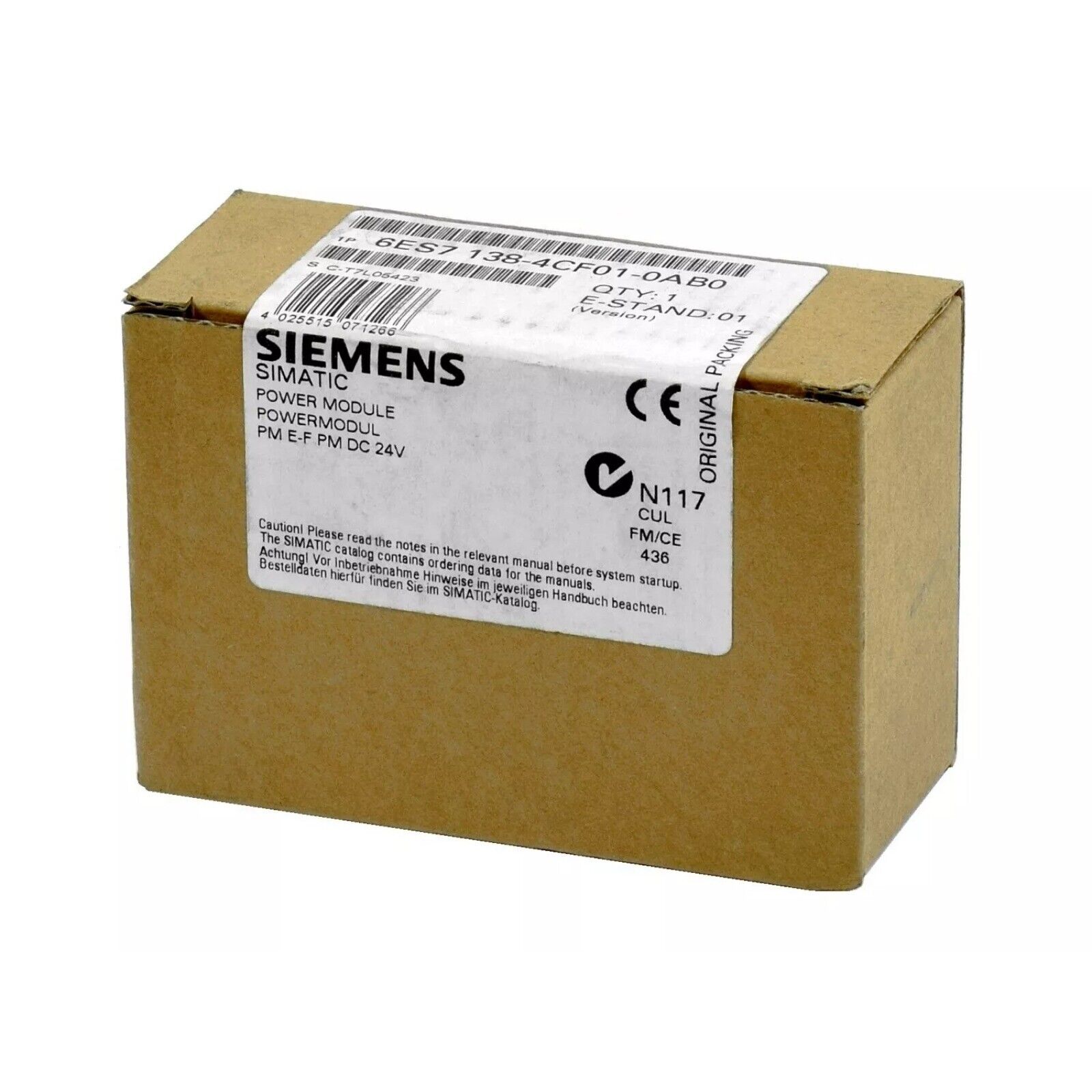 Siemens SIMATIC ET 200S Power Module 6ES7138-4CF01-0AB0 in original packaging, 24V DC