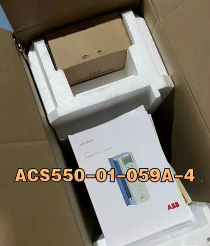 ABB ACS550-01-059A-4 Inverter in box. Industrial automation part with documentation and product label.