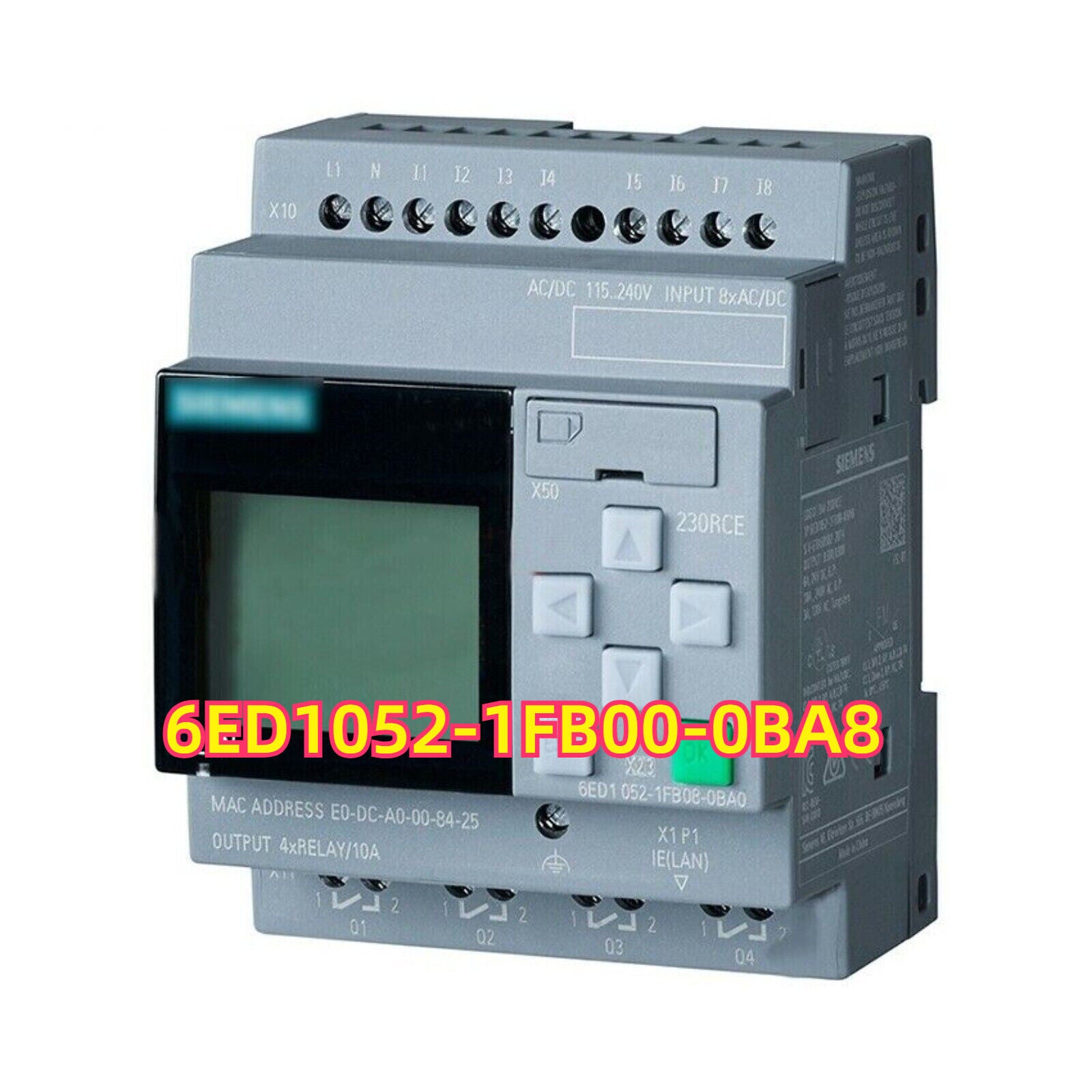 Siemens 6ED1052-1FB00-0BA8 LOGO! 8 logic module, with display, Ethernet, and I/O terminals for industrial automation.