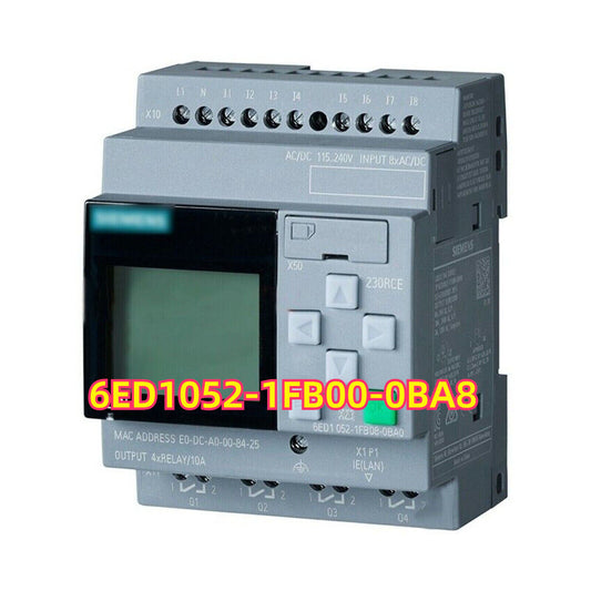 Siemens 6ED1052-1FB00-0BA8 LOGO! 8 logic module, with display, Ethernet, and I/O terminals for industrial automation.