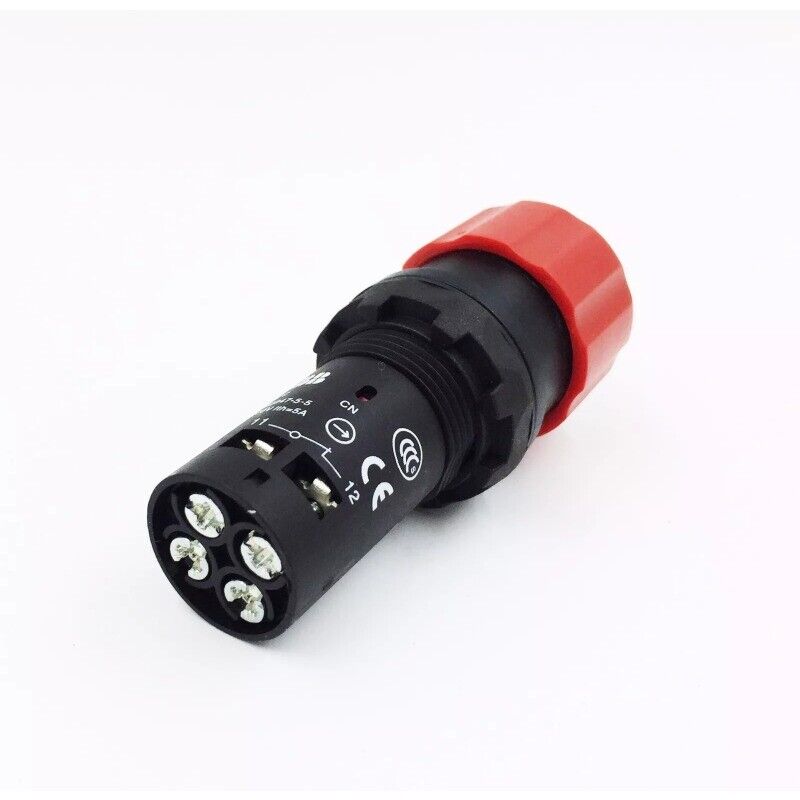 ABB CE3T-10R-02 Pushbutton Switch, Red cap and black body. Industrial automation component with CE mark.