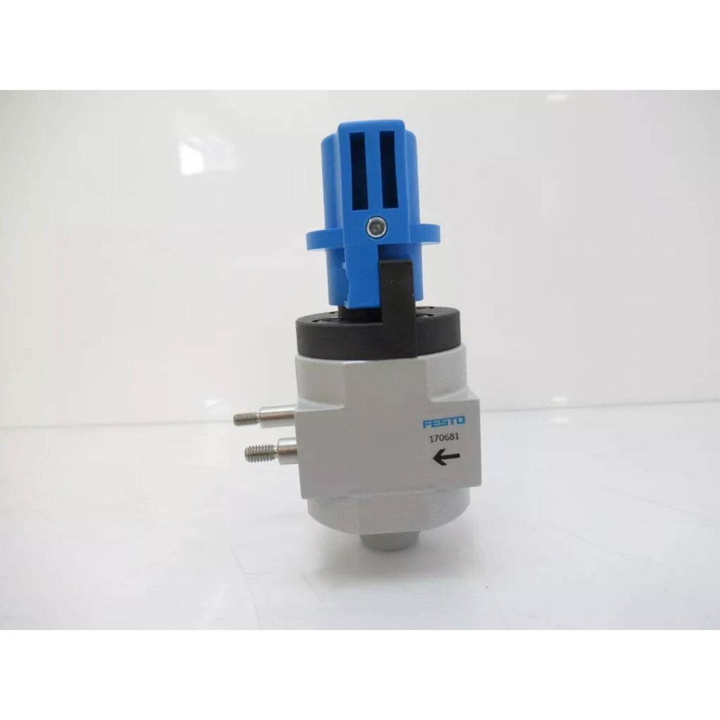 Festo HE-D-MINI 170681 shut off valve. Pneumatic component with blue top. Industrial automation part.
