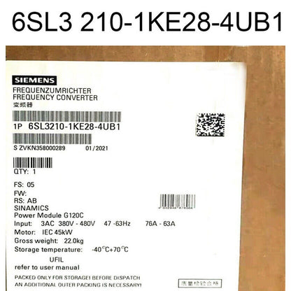 Siemens 6SL3210-1KE28-4UB1 PLC module label, industrial automation part, G120C model, specs.