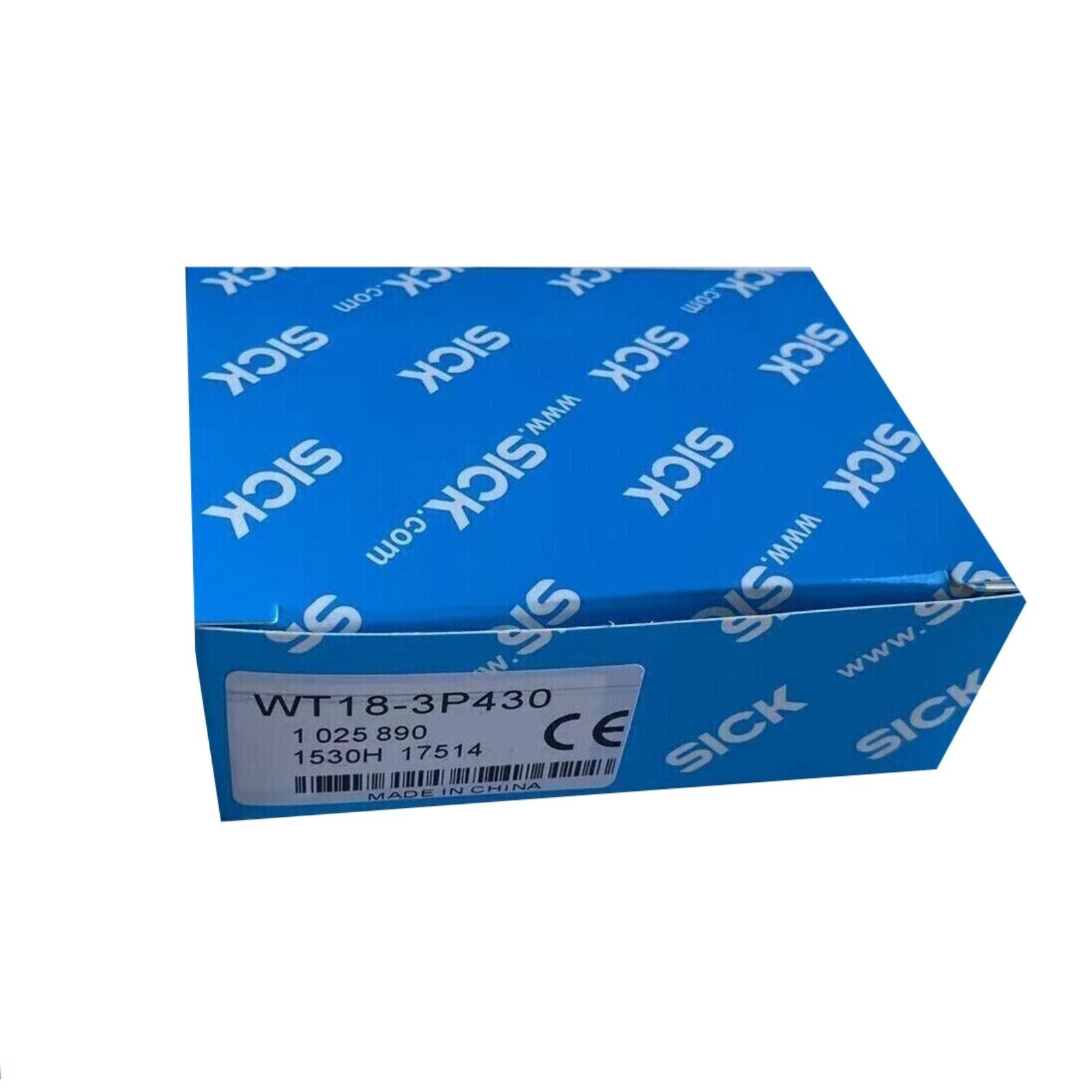 SICK WT18-3P430 Photoelectric Proximity Switch Sensor box, product packaging, CE certified.