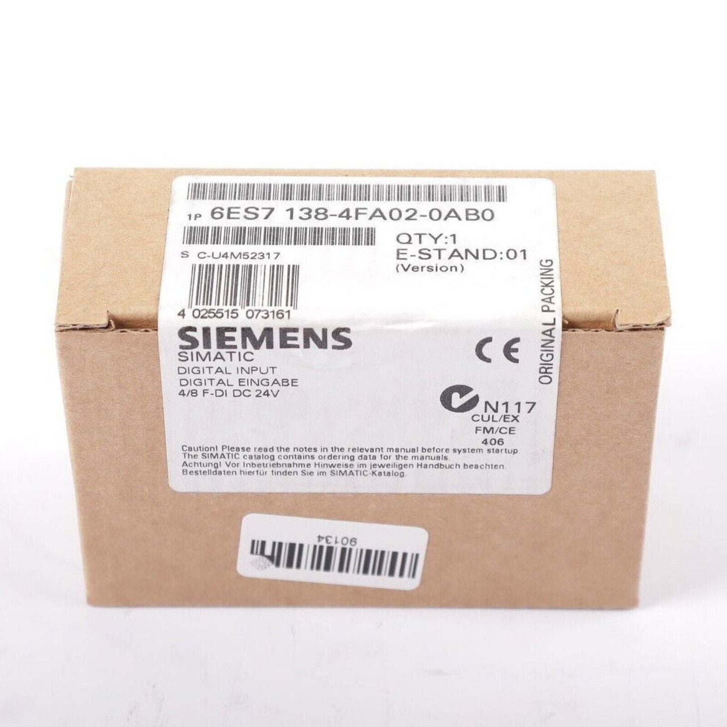 Siemens SIMATIC ET 200S digital input module 6ES7 138-4FA02-0AB0, original packaging, product details visible.
