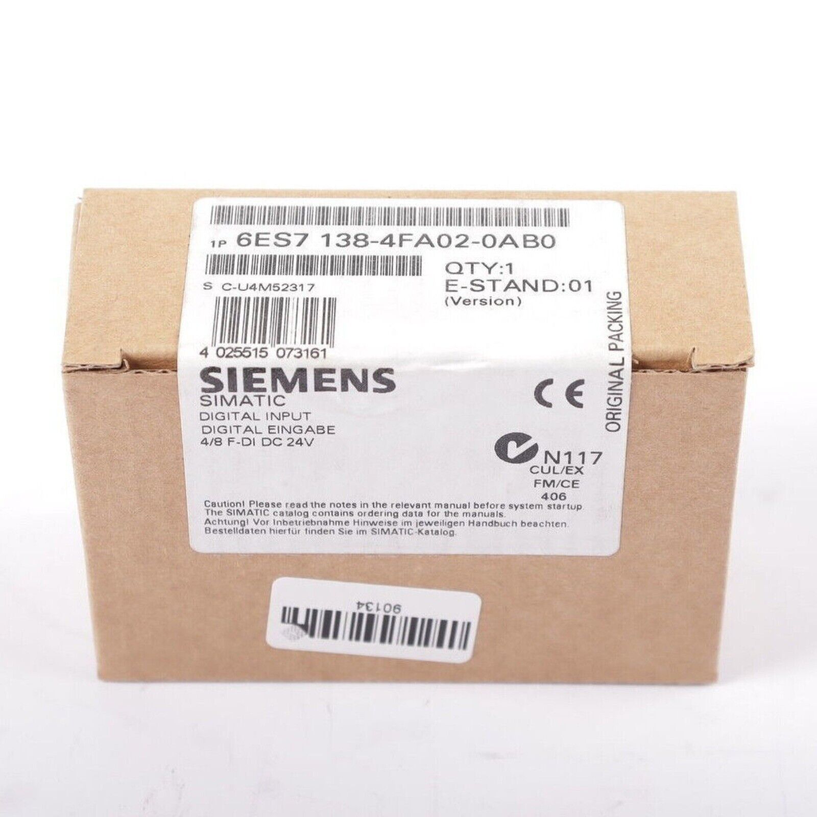 Siemens SIMATIC ET 200S digital input module 6ES7 138-4FA02-0AB0, original packaging, product details visible.