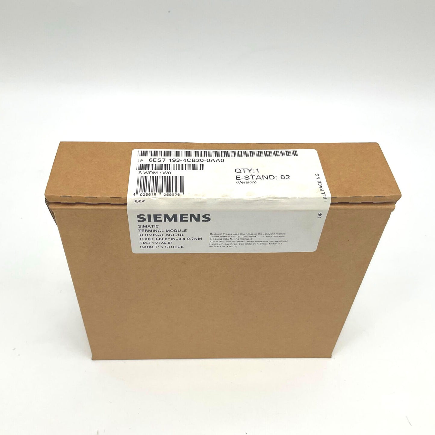 Siemens SIMATIC Terminal Module 6ES7193-4CB20-0AA0, industrial automation component, packaged in a brown box.