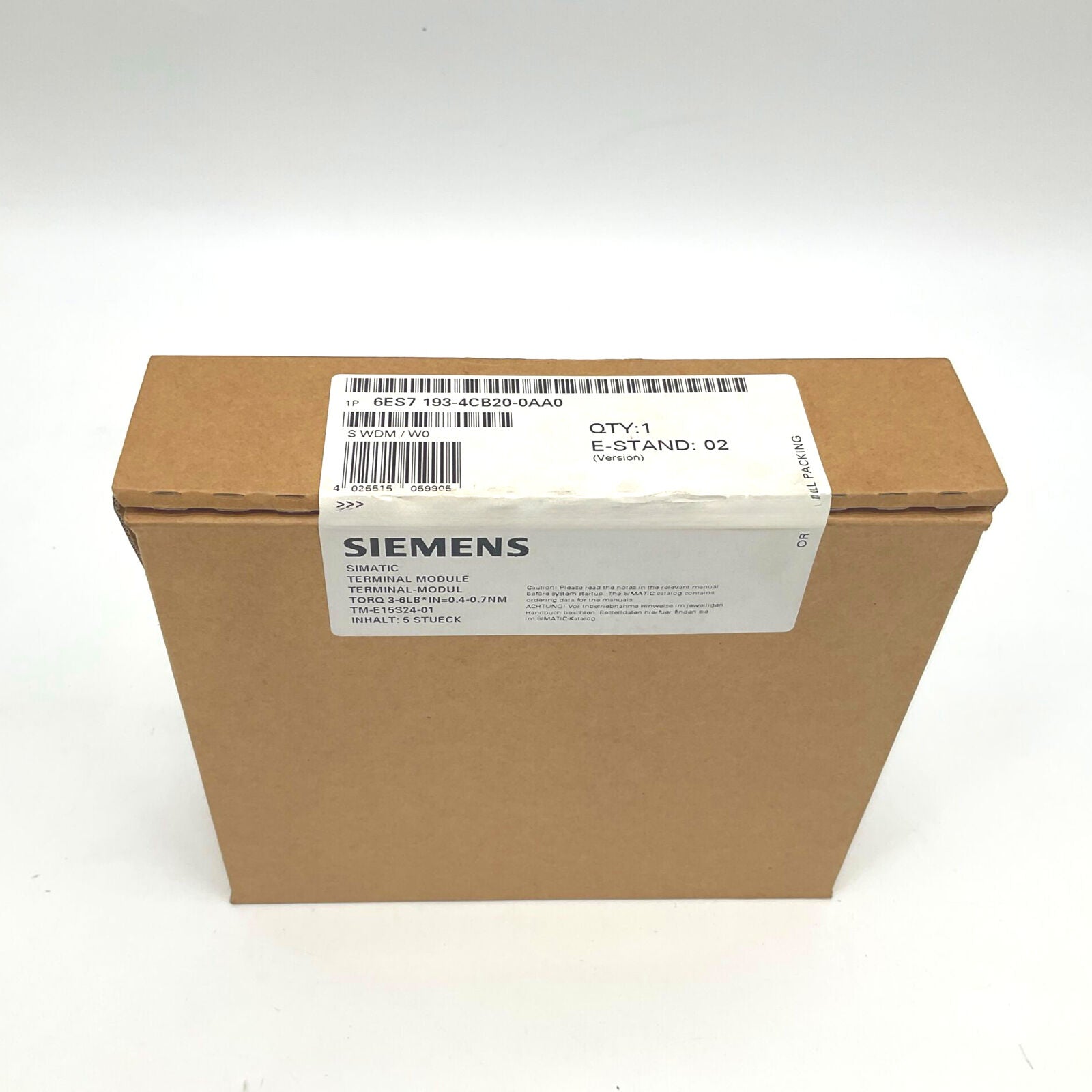 Siemens SIMATIC Terminal Module 6ES7193-4CB20-0AA0, industrial automation component, packaged in a brown box.
